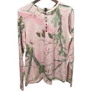 Realtree Pink Camo Long Sleeve Henley Shirt Womens Size L‎ Cotton Blend